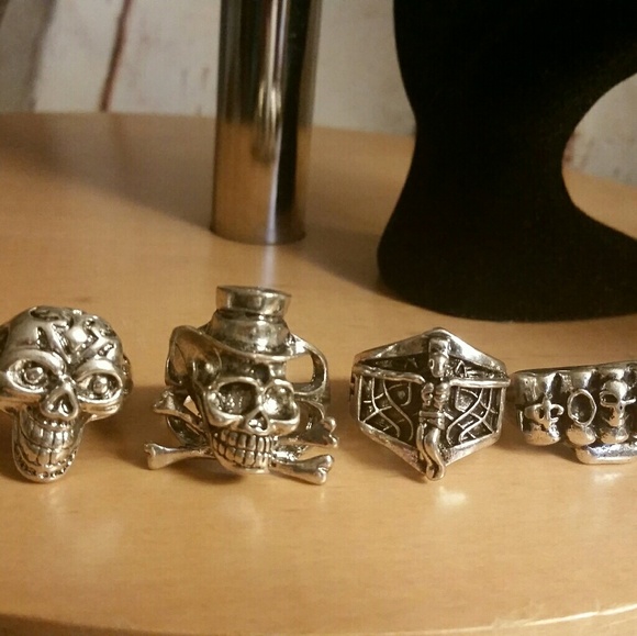 Other - Lot of 4 Assorted Biker Skull Punk SS Rings New